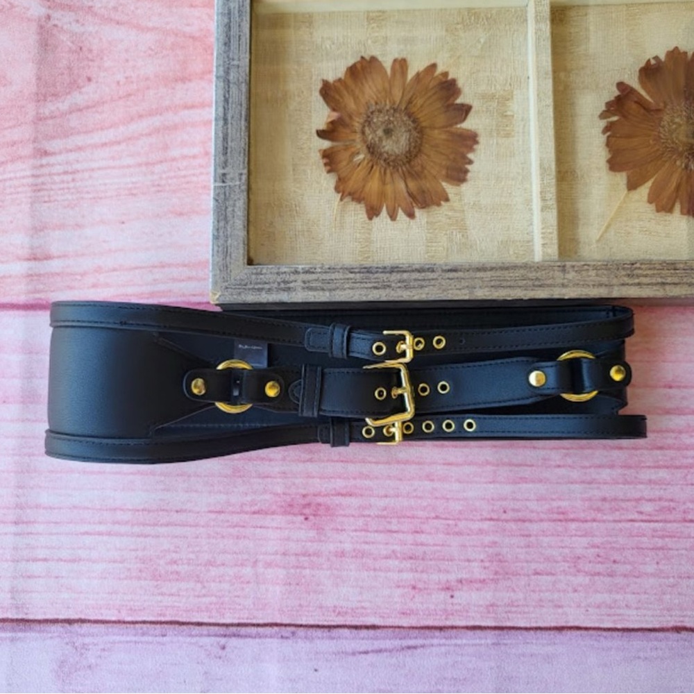 For Love And Lemons Black Wide Leather Belt with Gold Hardware